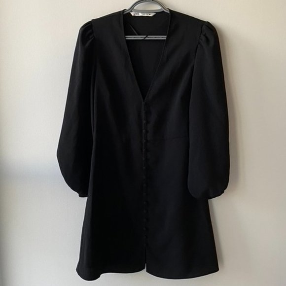 Zara Buttoned V Neck Balloon Sleeve Dress - Picture 1 of 7